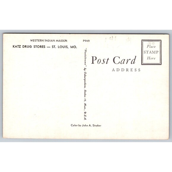 Postcard Western Indian Maiden Horse Katz Drug Store St. Louis MO Unposted c1950 - Picture 2 of 2